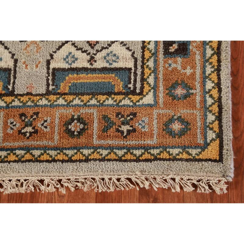 Hand Knotted Oriental 100% Wool Carpet Traditional Geometric Greys & Charcoal Heriz (serapi) Runner Rug - 8' 0'' X 2' 7''