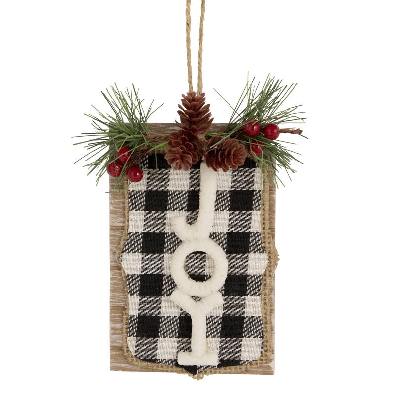 4.75" Black White Buffalo Plaid "Joy" Pinecone Christmas Sign Ornament