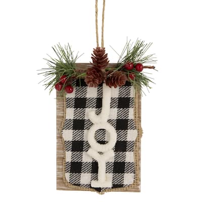 4.75" Black White Buffalo Plaid "Joy" Pinecone Christmas Sign Ornament