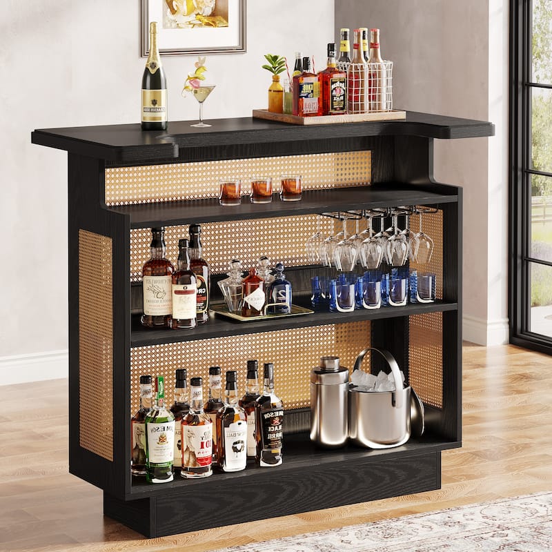 Rattan Home Bar Unit, 4 Tiers Bar Table, Farmhouse Wine Bar Cabinet Mini Bar Table - Black
