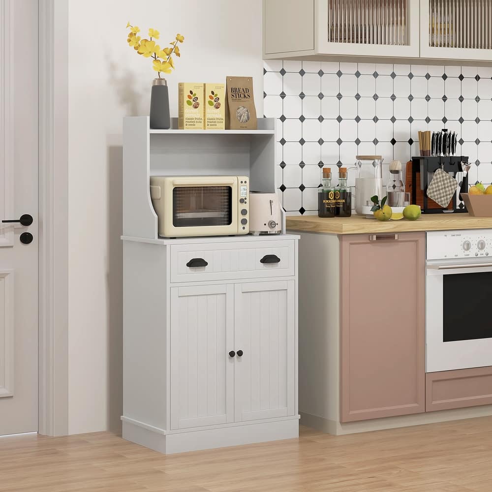 HOMCOM Microwave Cabinet with Storage Drawer, Double Door Cabinet and Adjustable Shelf, Buffet with Hutch and Cable Hole