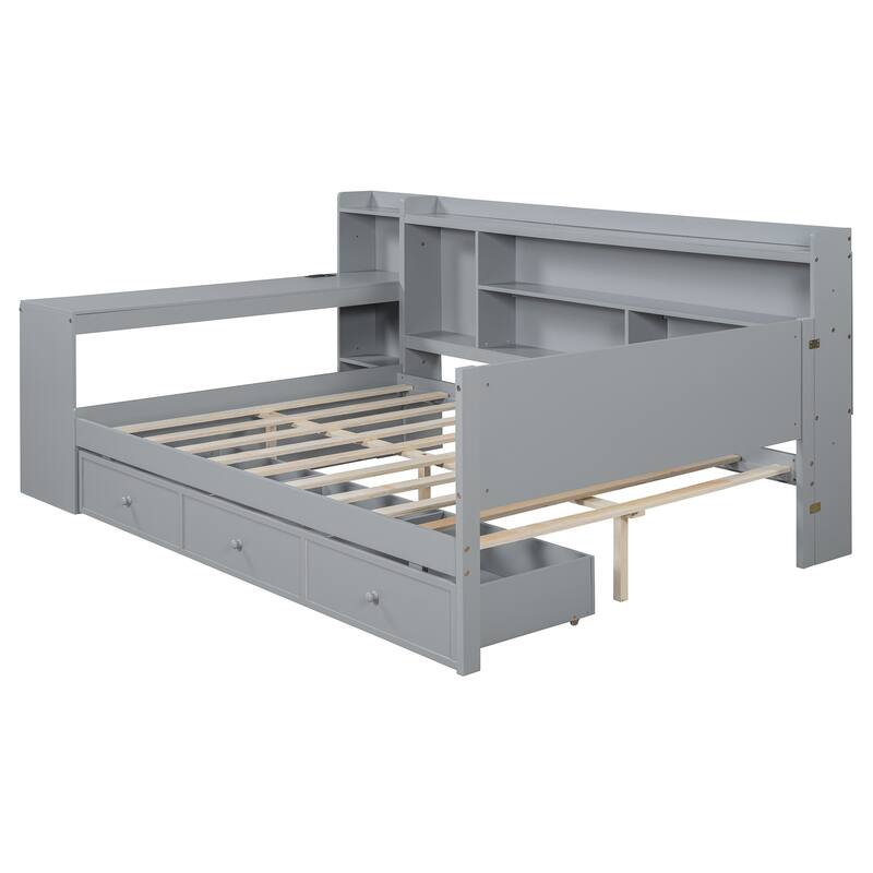 Full Size Wooden Daybed with Drawers, USB Ports, and Integrated Desk, Gray