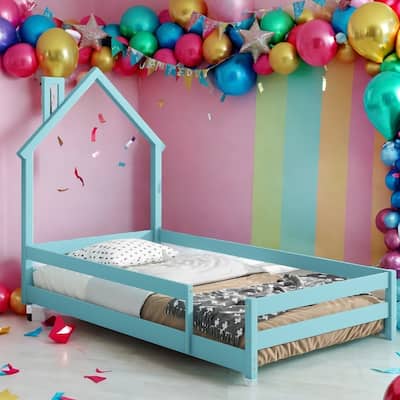 Twin Size Wood bed with House-shaped Headboard Floor Bed Platform with Guardrails Design with Fence