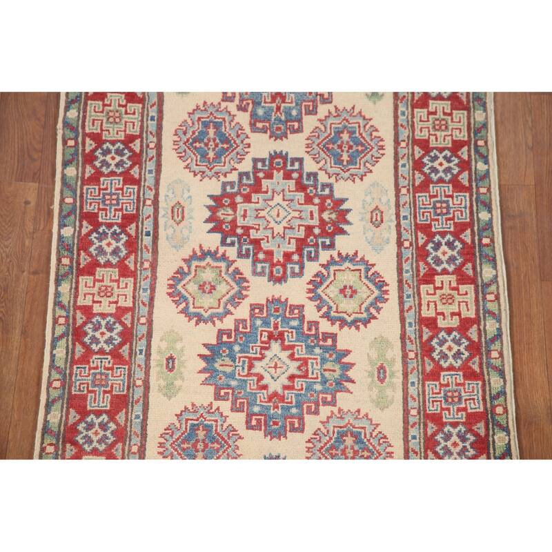 Hand Knotted Oriental 100% Wool Carpet Traditional Geometric Beige & Ivories Kazak Runner Rug - 8' 5'' X 2' 9''