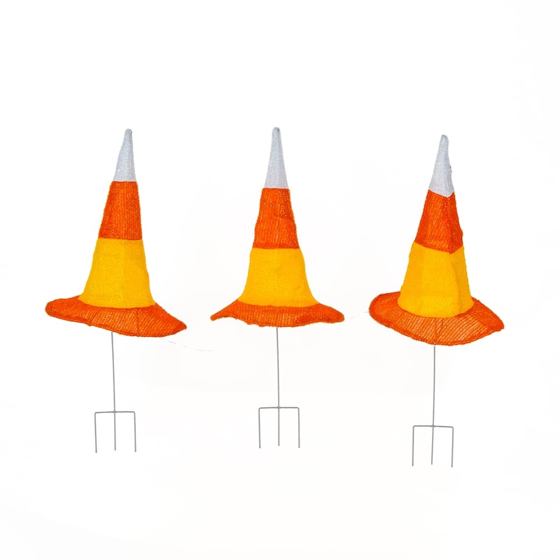 National Tree Company Halloween Garden Stake Decoration, Orange, Candy Corn Witches Hats, LED Lights, Battery Operated, 23 in.