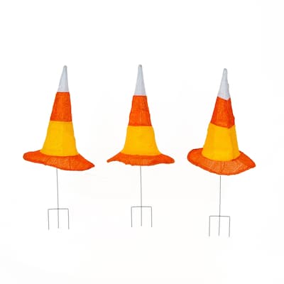 National Tree Company Halloween Garden Stake Decoration, Orange, Candy Corn Witches Hats, LED Lights, Battery Operated, 23 in.