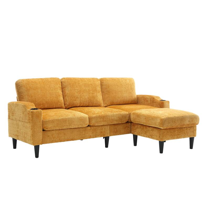 Modular Sectional Sofa with Storage Ottoman, Comfy Chenille Fabric Sofa, 3-Seater Sofa with Side Pockets & 2 Cup Holders