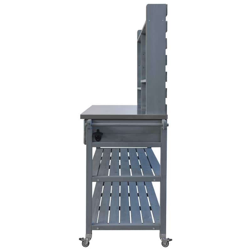 Outdoor Potting Bench Table with Lockable Wheels Solid Wood Kitchen Island and Stainless Steel Top