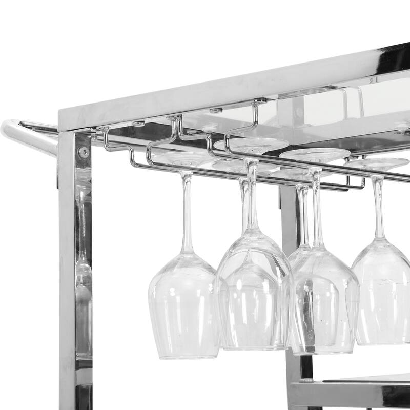 Modern Chrome Bar Serving Cart Square Tempered Glass Wine Storage with