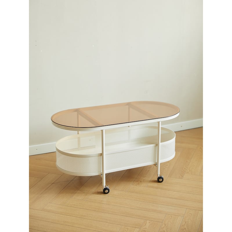 Movable oval metal glass coffee table with storage - White