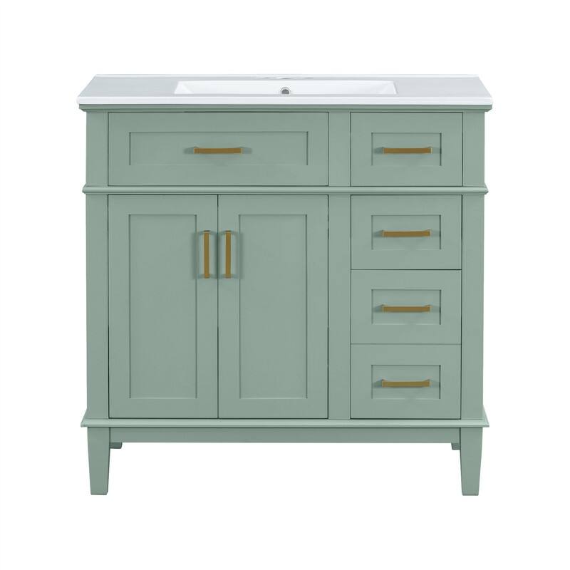 36" Bathroom Vanity with Ceramic Sink, Freestanding Bathroom Vanity Cabinet with 2 Soft Close Doors and 4 Storage Drawers