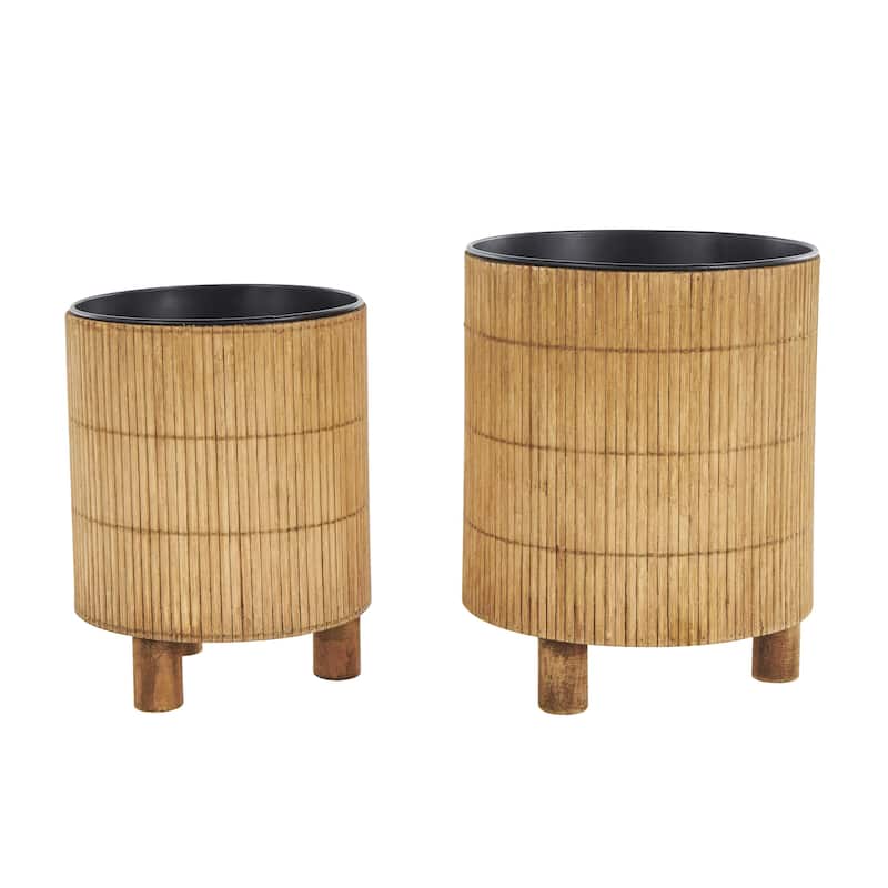 Bamboo Wood Handmade Indoor Planter with Black Metal Interior - Set of 2 Brown - Roche River Decor