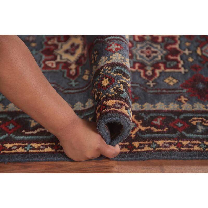 Geometric Kazak Runner Rug Handmade Blue Traditional Wool Carpet - 2'8"x 8'0"