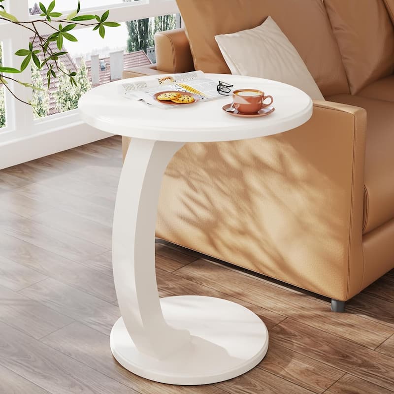 Solid Wood Round End Table Mid Century C-Shaped Side Table for Living Room & Bedroom