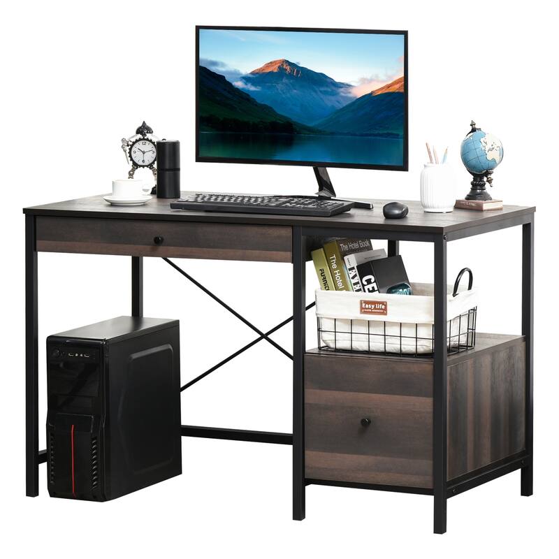 HOMCOM Home Office Writing Desk with File Storage Drawer for Letter Size, PC Study Table Computer Workstation, Walnut Brown