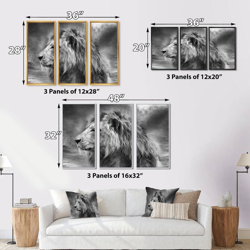 Designart "Grey Wild African Lion" Animal Framed Wall Art Set of 3 4