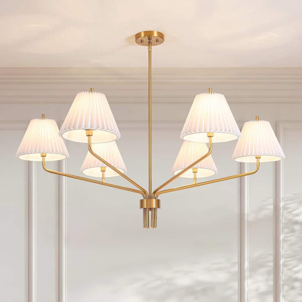 Rennnsan 6-Light Modern Transitional Brass Pleated PVC Chandelier for Dining Room & Living Room - 45.1 in. W x 20 in. H