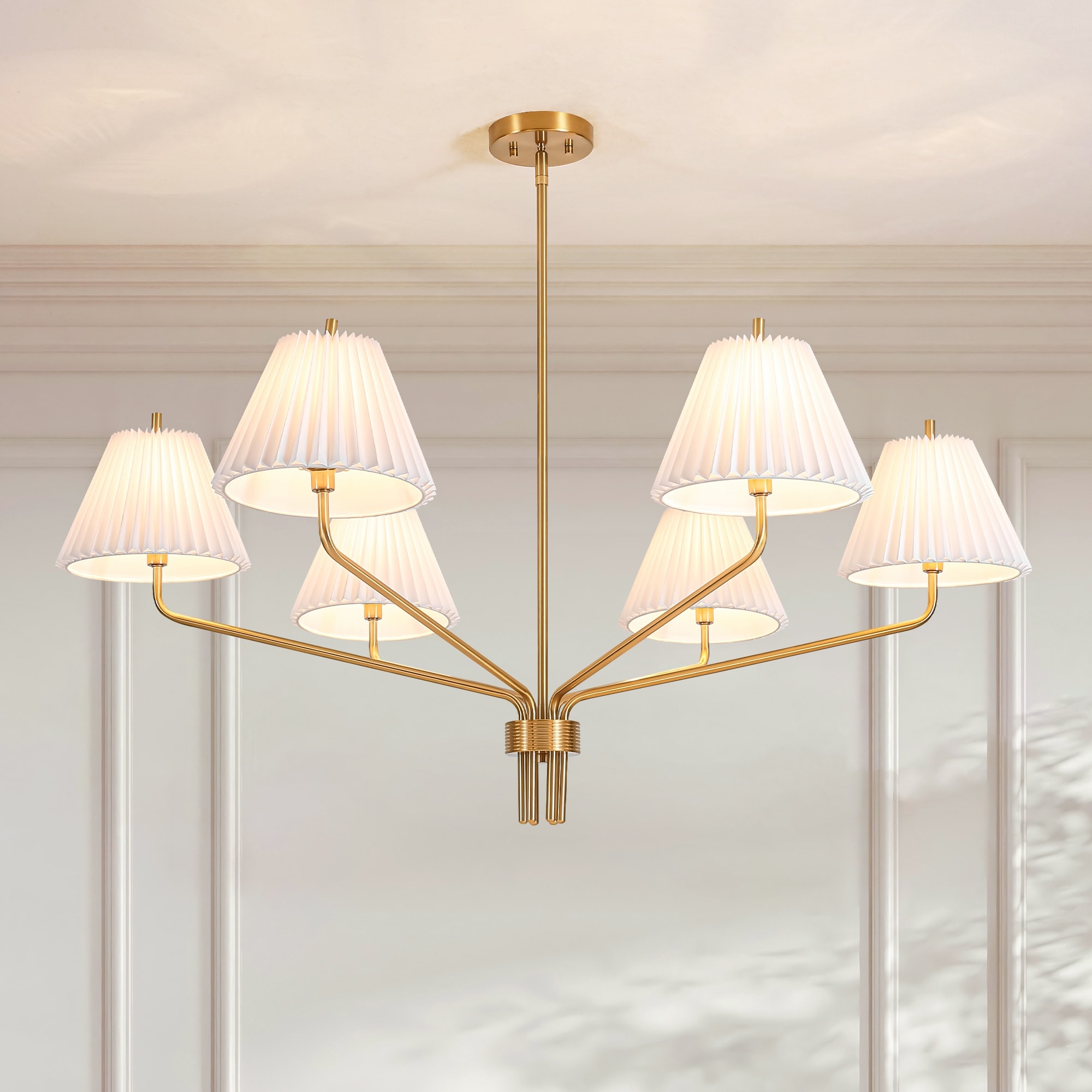 Rennnsan 6-Light Modern Transitional Brass Pleated PVC Chandelier for Dining Room & Living Room - 45.1 in. W x 20 in. H