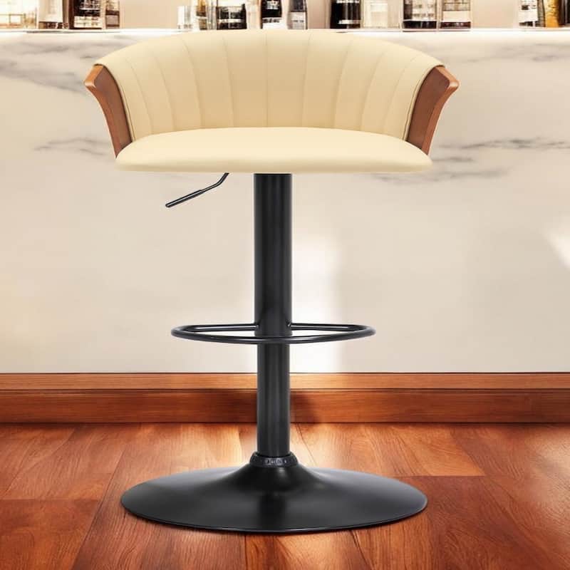 Faux Leather Adjustable Bar Stool with Arms, Swivel and Footrest - 21” x 20” x 41” (D x W x H)