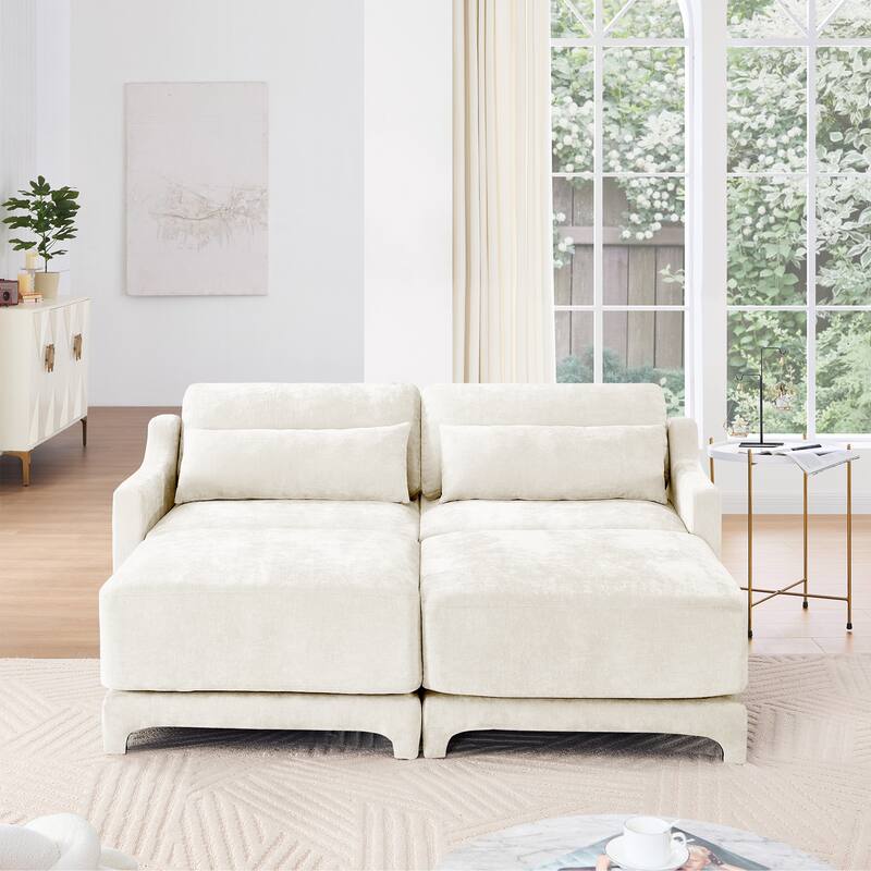 73.2" Chenille 2-Seater Sofa with Ottoman, 2 Pillows & Solid Wood Frame