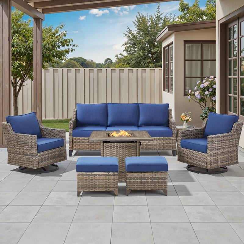 Pocassy 7-Piece Sofa Siwvel Chair Ottoman w/ Fire Table - Blue Cushion Gray Wicker - 7-Piece Sofa Siwvel Chair Ottoman w/ Fire Table