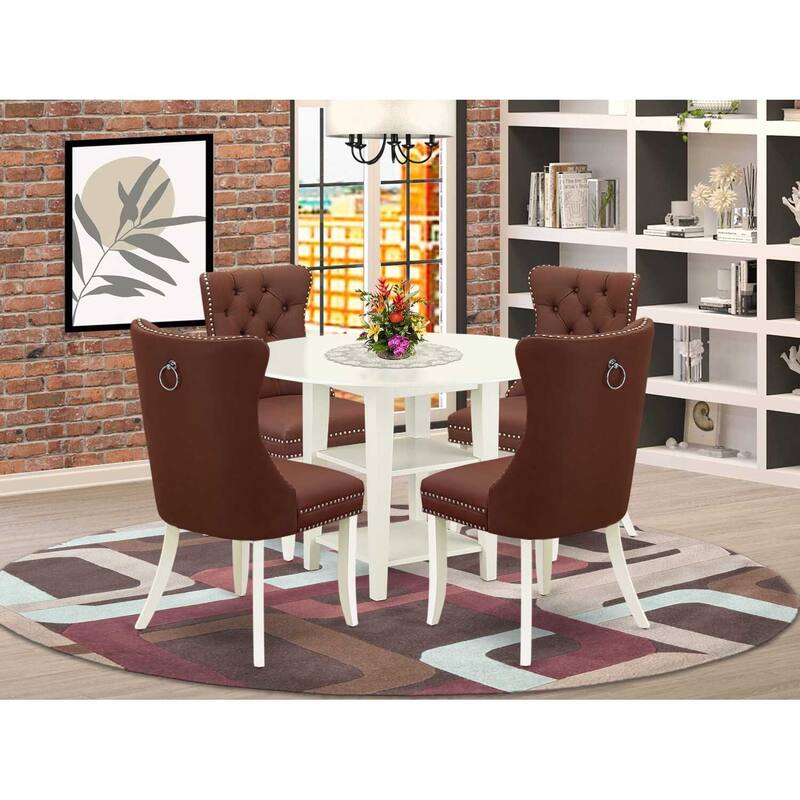 5-Piece Linen White Finish Solid Wood Top - Round Upholstered Dining Room Set - Seats 4