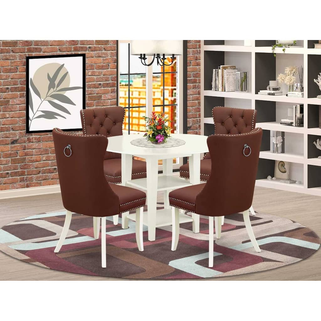 5-Piece Linen White Finish Solid Wood Top - Round Upholstered Dining Room Set - Seats 4
