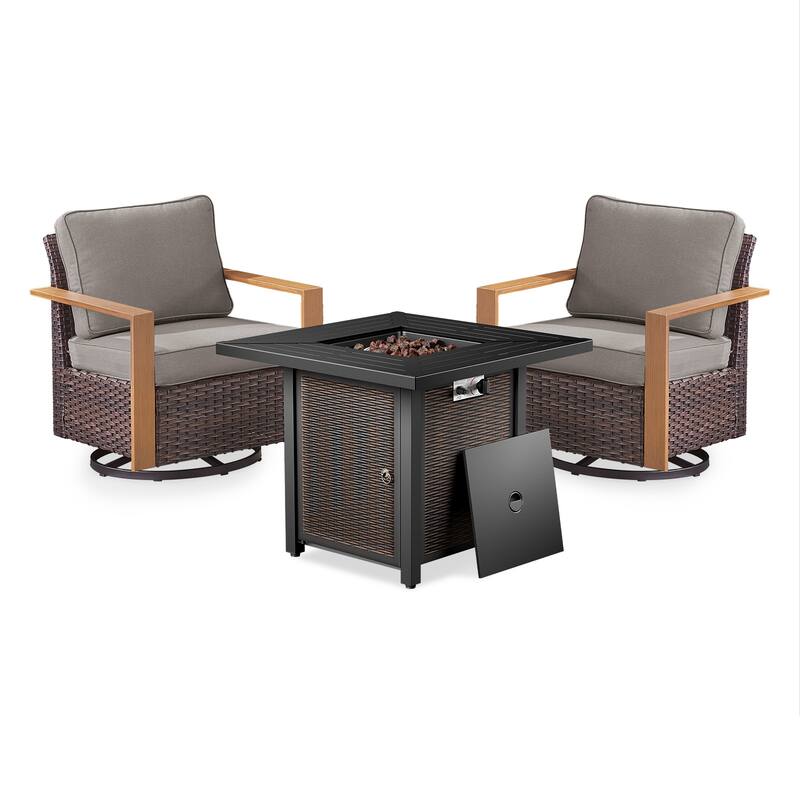 Meyreso 3-Piece Wicker Swivel Glider Metal Fire Pit Set with Plush 4.5" Olefin Cushions