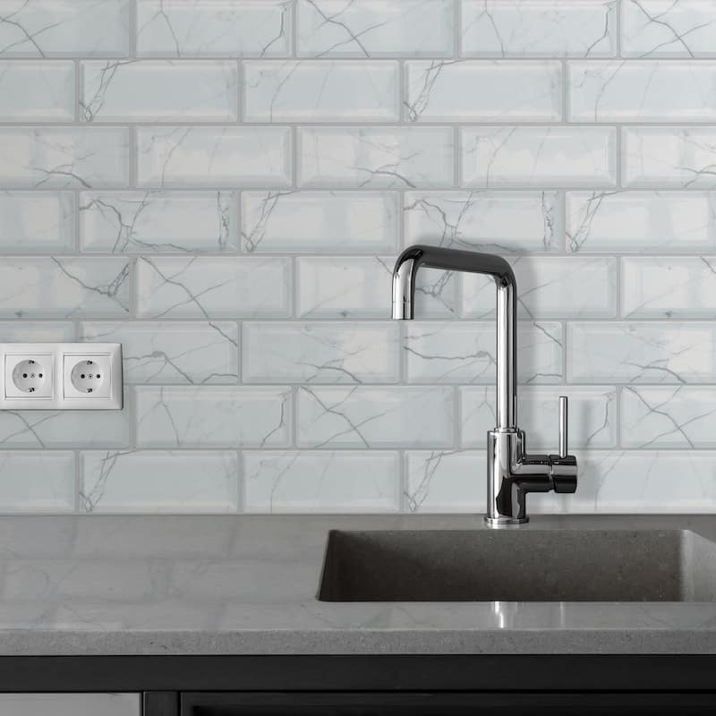Walplus White Marble 3D Metro Peel and Stick Backsplash Tile Stickers