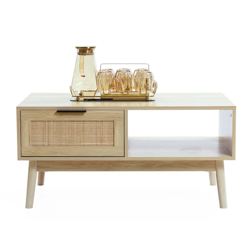 White Oak Finish Wood and Rattan Coffee Table - 17.13" H x 35.43" W x 21.69" D