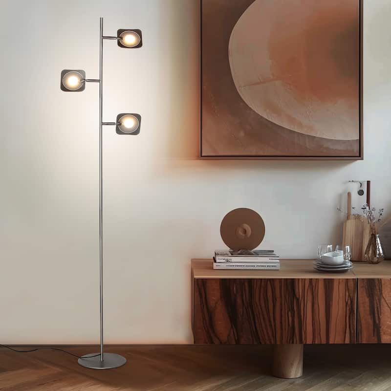 Brightech Tree 60 in. Platinum Silver Industrial 3-Light 3-Way Dimming LED Floor Lamp with 3 Adjustable Spot Lights