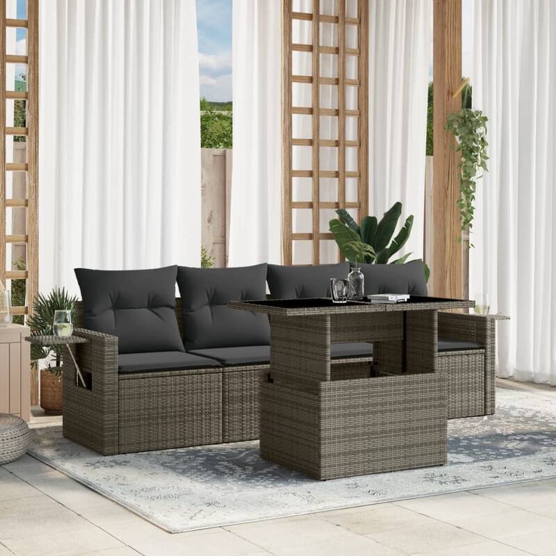 vidaXL Patio Sofa Set with Cushions Outdoor Furniture 5 Piece Poly Rattan - 21.7 x 39.4 x 28.7 - Grey-without storage