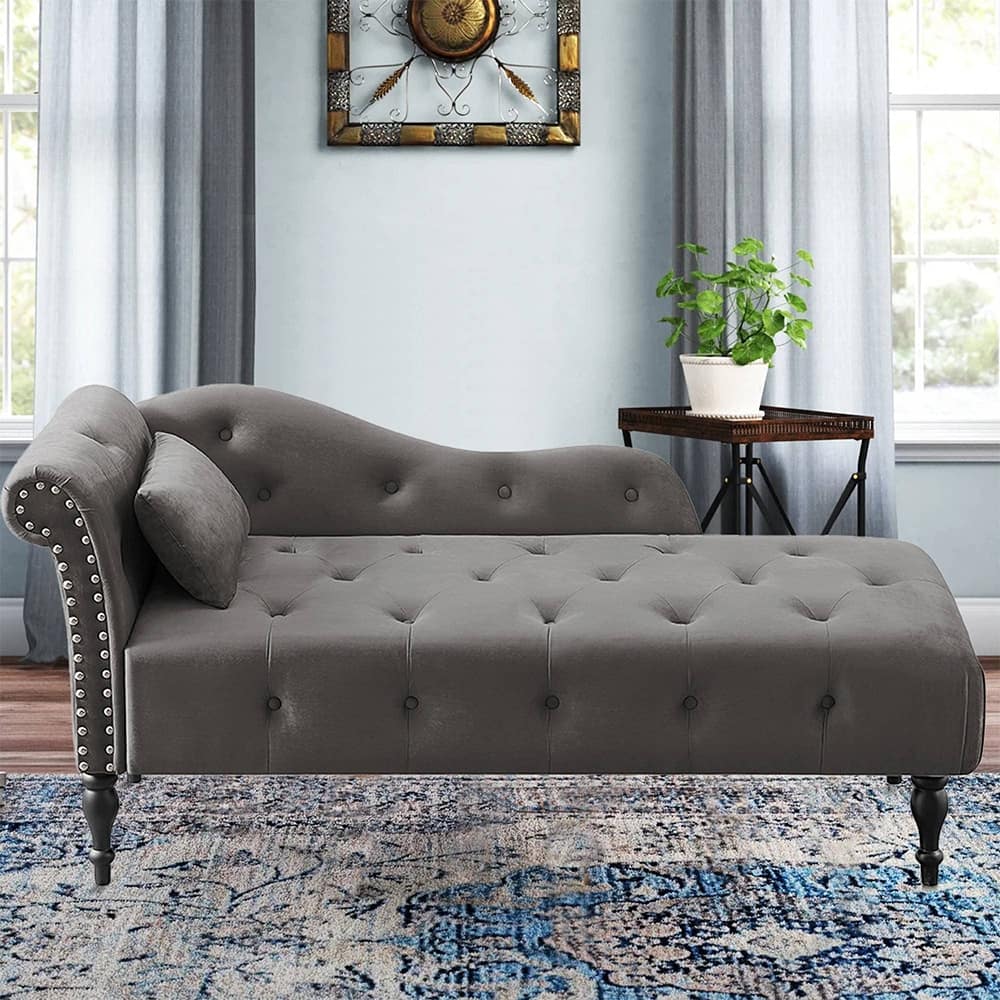 60"W Velvet Chaise Lounge, Tufted with Pillow & Nailhead Decorate - 60.6W" x 27.5D" x 28.3"H