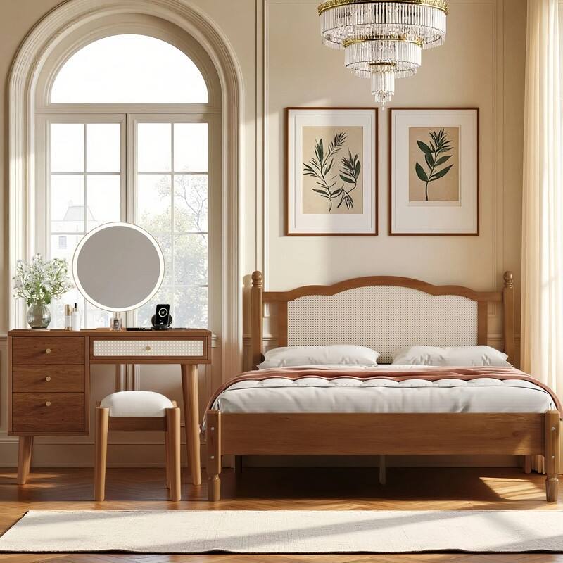 2-Pieces Bedroom Sets,Queen Size Wooden Platform Bed with Natural Rattan Headboard,and Wooden Makeup Vanity Set - Queen