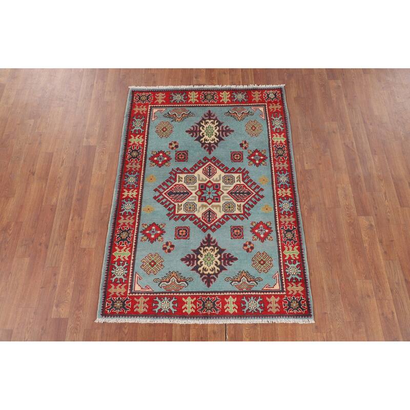 Light Blue Geometric Kazak Foyer Rug Hand-Knotted Oriental Wool Carpet - 3'5" x 4'10"
