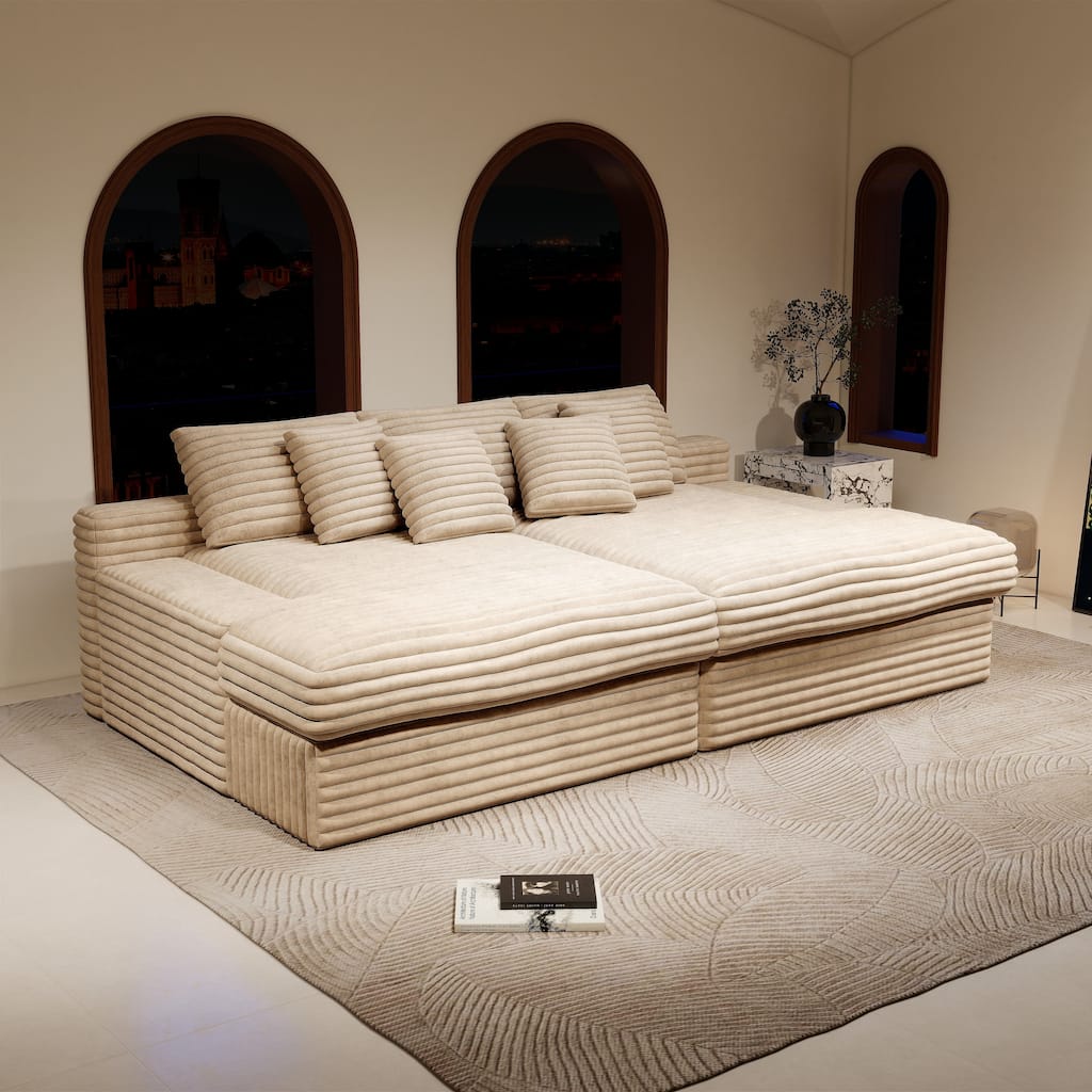 118.1" Oversized Boneless Double Chaise Lounge Sofa, Modern Corduroy Sectional Cloud Couch Loveseat Sleeper Bed, Floor Chair