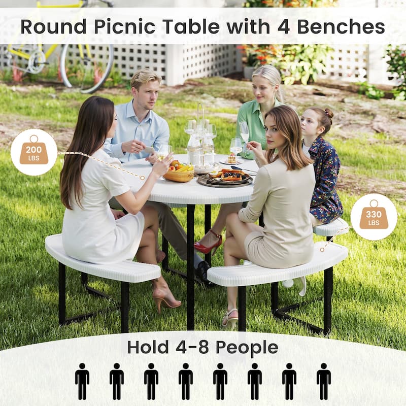 HDPE Round Picnic Table Set with 4 Benches and Umbrella Hole Perfect for Patio or Balcony