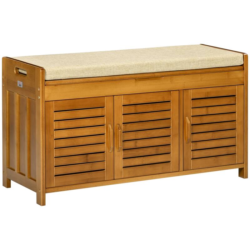 Bamboo Shoe Bench with Seating Cushion and Hidden Compartment