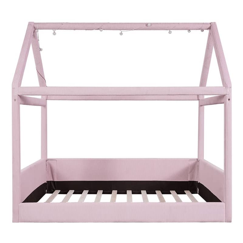 Full Size Upholstered House-Shaped Kids Bed with LED Light Strips, Corduroy Platform Bed Frame Floor Bed