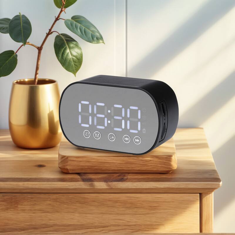 Small Dual Digital Alarm Clock for Bedroom, Mirror Alarms with FM Radio and Speaker Function 3.3 x 2 x 1.6 inch - Black
