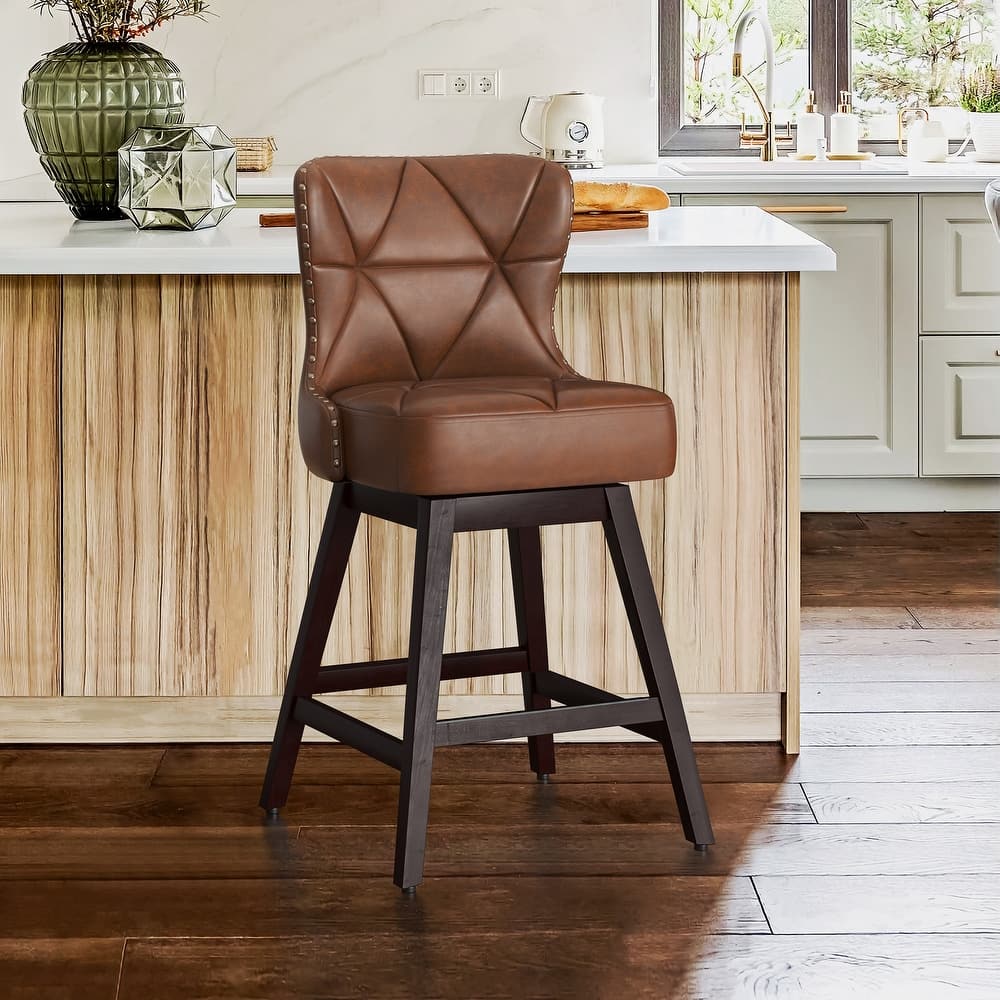 26 in. Modern Faux Leather and Fabric Upholstered Swivel Bar Stool with Wood Frame for Island and Home Bar - 20"W x 20"D x 39"H