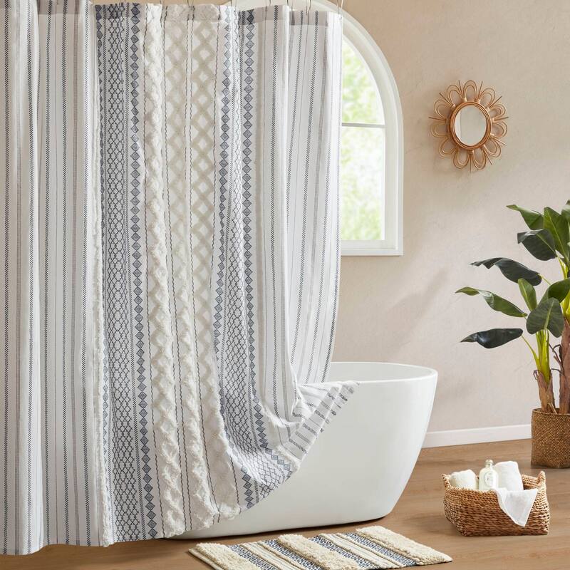 INK+IVY Imani Cotton Printed Shower Curtain with Chenille