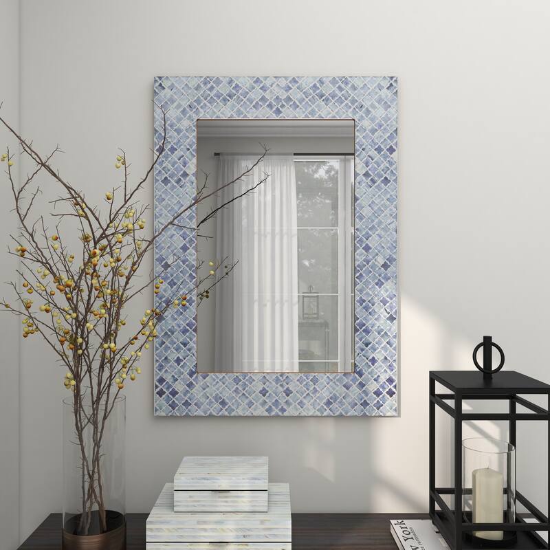 Blue Wood Quatrefoil Room Wall Mirror with Bone Inlay