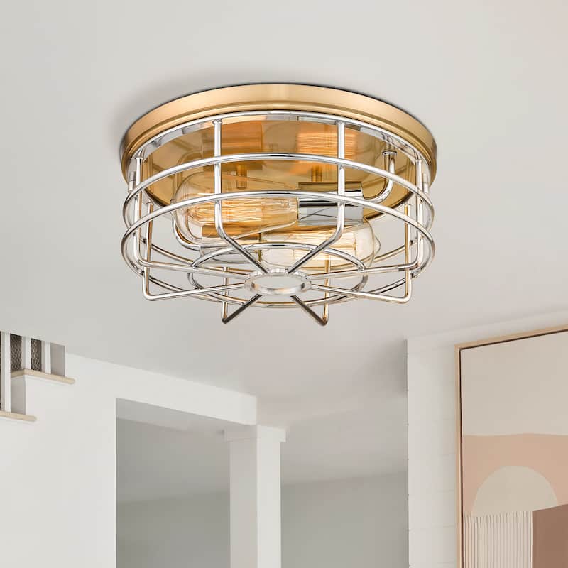 2-Light Flush Mount Ceiling Light, Metal Cage Ceiling Light, Industrial Light Fixture