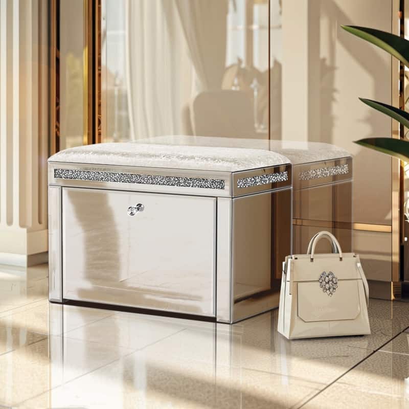 Pre-Assembled Mirrored Shoe Storage Bench with Flip Drawer Silver