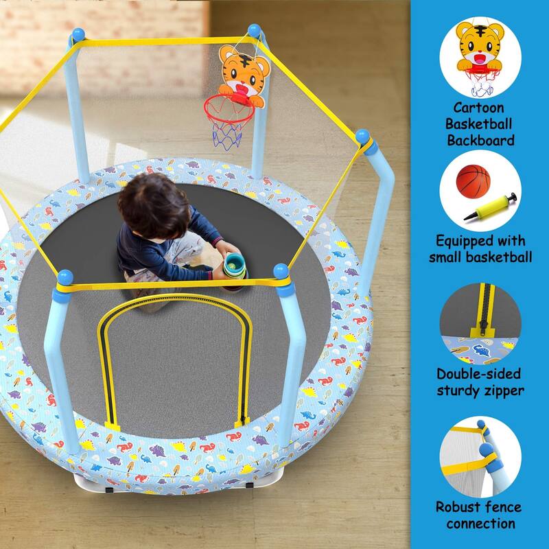 55-Inch Kids Indoor & Outdoor Toddler Trampoline with Basketball Hoop, Safety Net Included - 4.5FT