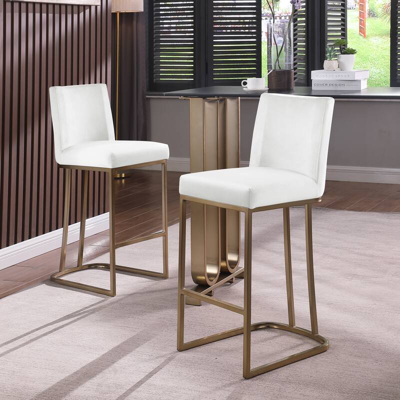 Bar Stools Set of 2 Counter Height 26" Bar Stools with Back,Gold Brushed Barstools Modern Velvet Fabric Kitchen Stools - Creamy White