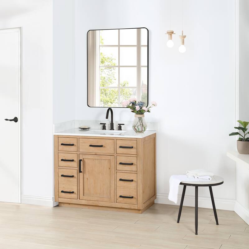 Altair Gavino Bath Vanity with Grain White Composite Stone Top and Mirror - 42 inch - Light Brown+Matte Black