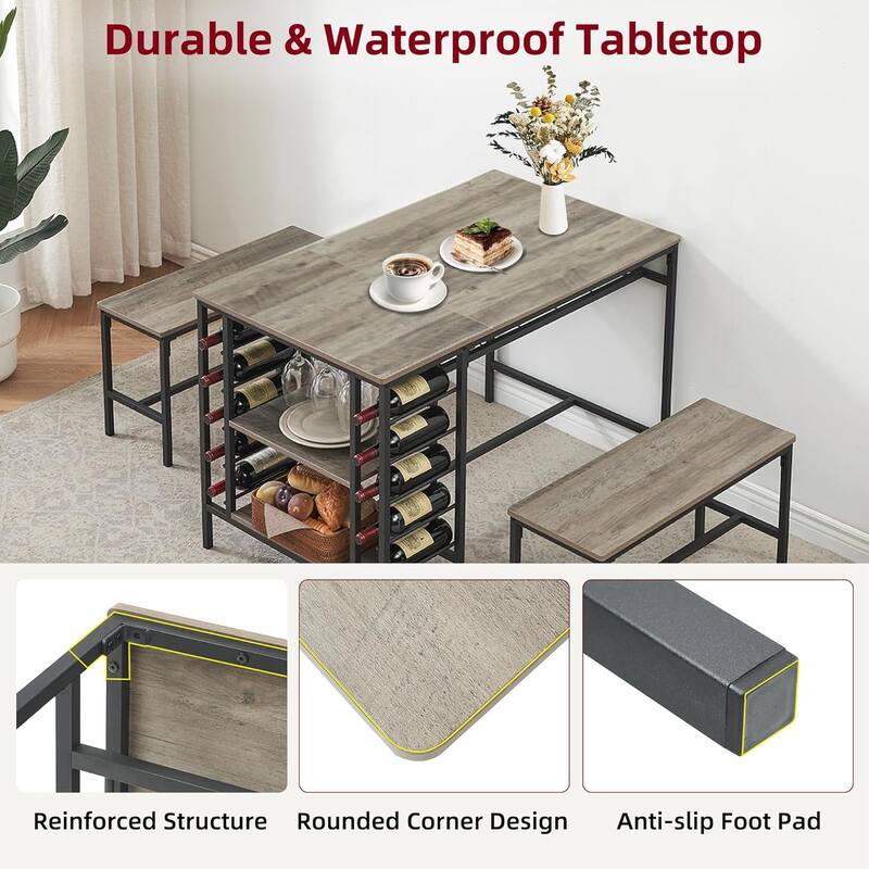 Dining Table Set with 2 Benches and Storage Shelf, Rectangular Table for Small Dining Area or Apartment