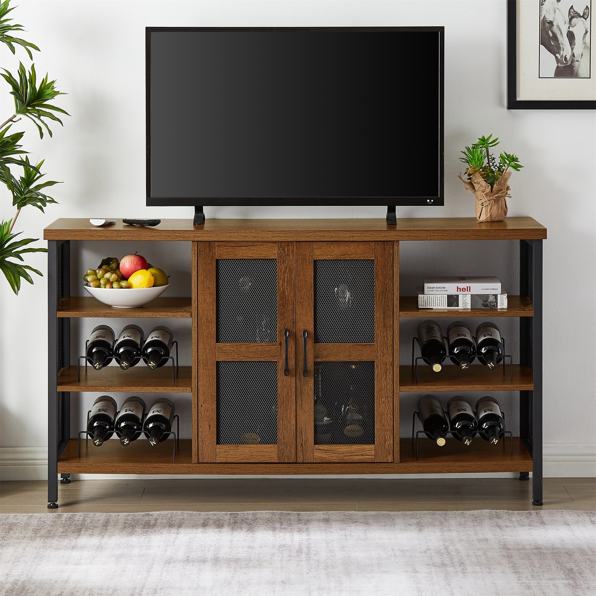 Liquor Storage Credenza with Wine Racks and Stemware Holder 55 Wx14 Dx30 H Bed Bath Beyond 37168892